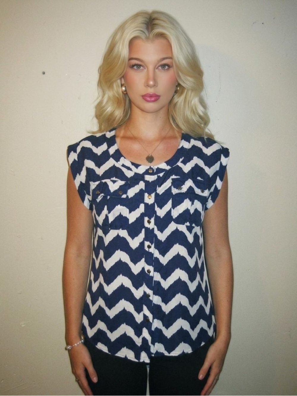 H&M Navy and White Chevron Sleeveless Button-Front Blouse